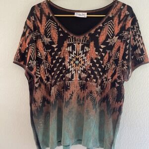 Vintage Cactus Bay Top Womens 2xl Tribal Boho Rhinestone Embellished Western